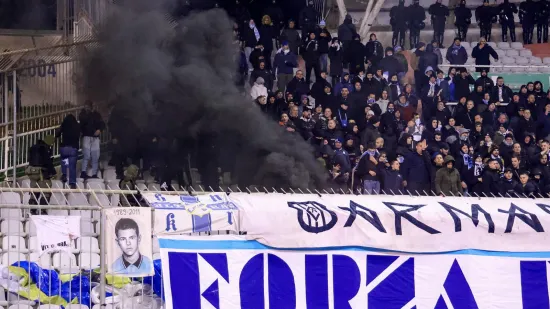 15.12.2024., stadion Poljud, Split - SuperSport HNL, 17. kolo, HNK Hajduk - HNK Rijeka. Navijaci Rijeke, Armada, zapalili su par stolica na gostujucoj tribini. Photo: Sime Zelic/PIXSELL